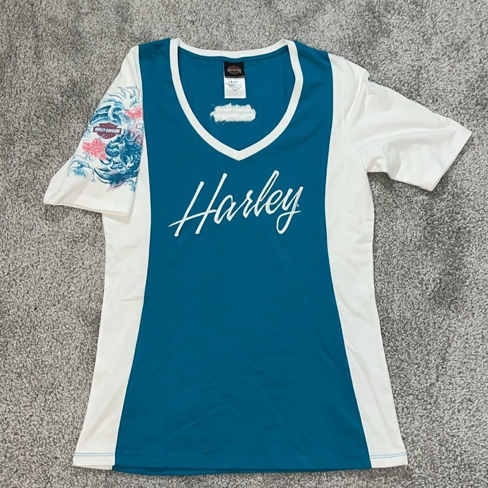 Women’s Sexy Harley Davidson Beach House NC Seaside Style SS V Neck T Shirt L